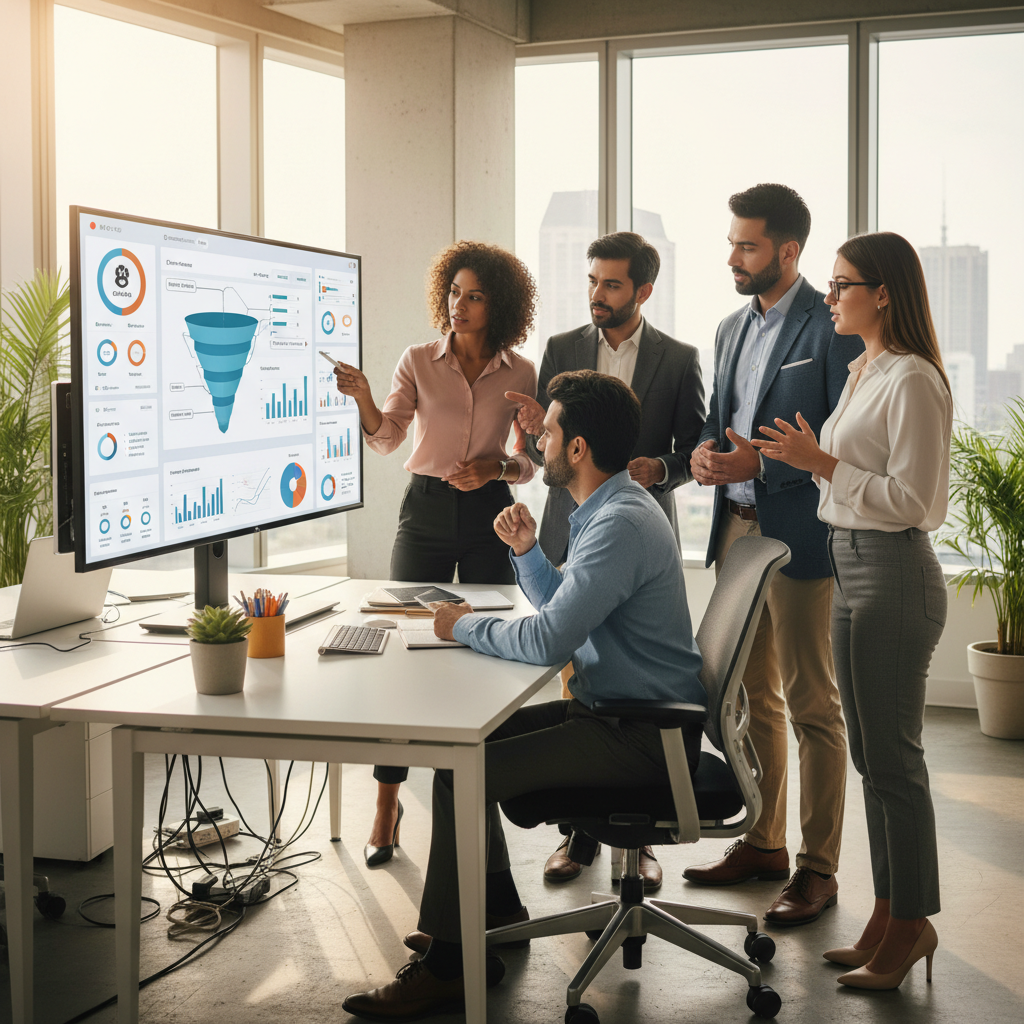 A diverse sales team collaborates around a large digital screen displaying a CRM dashboard with customer profiles, sales funnels, and analytics, all in a modern, brightly lit office environment. The team members are engaged and pointing at specific data points, illustrating effective data utilization for sales strategies. Photorealistic, high-resolution.