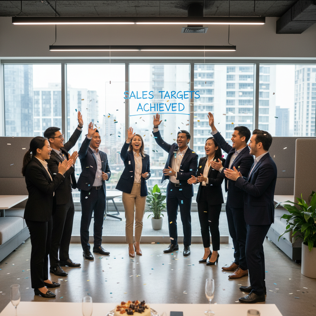 A diverse group of business professionals celebrating a significant sales achievement in a modern, vibrant office space. They are high-fiving and smiling around a whiteboard with 'Sales Targets Achieved' written prominently. The atmosphere is energetic and positive, symbolizing successful growth. Photorealistic, high-resolution.