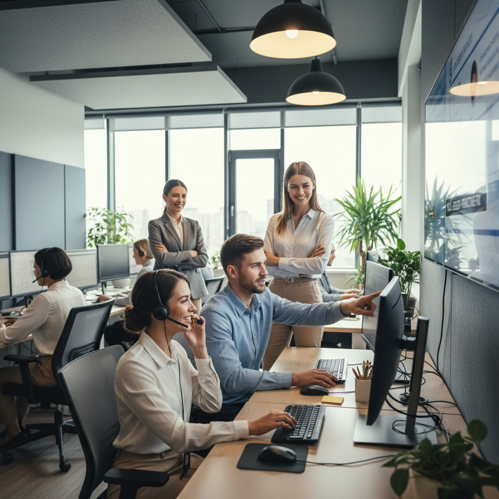 A professional customer service team working collaboratively in a modern, brightly lit office. One agent is actively engaging with a customer via a headset and computer, smiling genuinely. Another agent is looking at a shared CRM screen, pointing to a resolved issue, while a manager observes the team, symbolizing efficient, proactive problem-solving and unified communication. The overall mood is positive and productive.