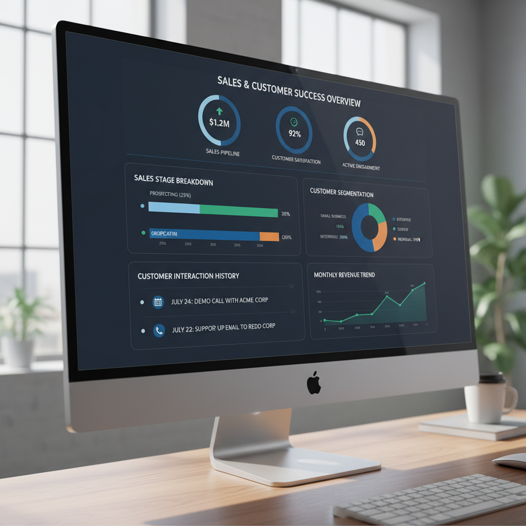 A vibrant, modern dashboard showing various CRM metrics like sales pipeline, customer satisfaction scores, and customer interaction history. The dashboard should be clean, professional, and easy to understand, with charts and graphs. Focus on data visualization.