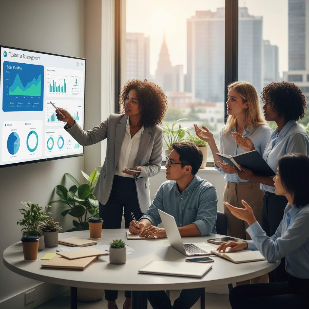 A diverse team of professionals collaboratively working in an office setting, with a large monitor displaying a CRM dashboard. One person is pointing at a sales pipeline chart, while others are taking notes and interacting. The scene should be dynamic and show teamwork, highlighting the collaborative aspect of using CRM tools.