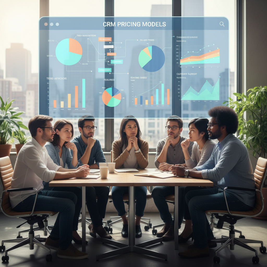 A diverse group of small business owners looking at a complex digital dashboard with various charts and graphs, representing different CRM pricing models and features, with a relaxed and thoughtful expression in a modern office.