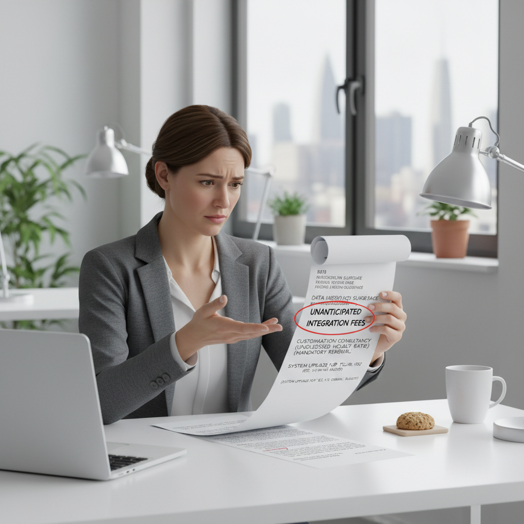 A person looking perplexed at a bill with many line items, some of which are unexpected or hidden, representing the 'hidden costs' of software implementation in a clean, modern office setting, with a calm, slightly frustrated expression.