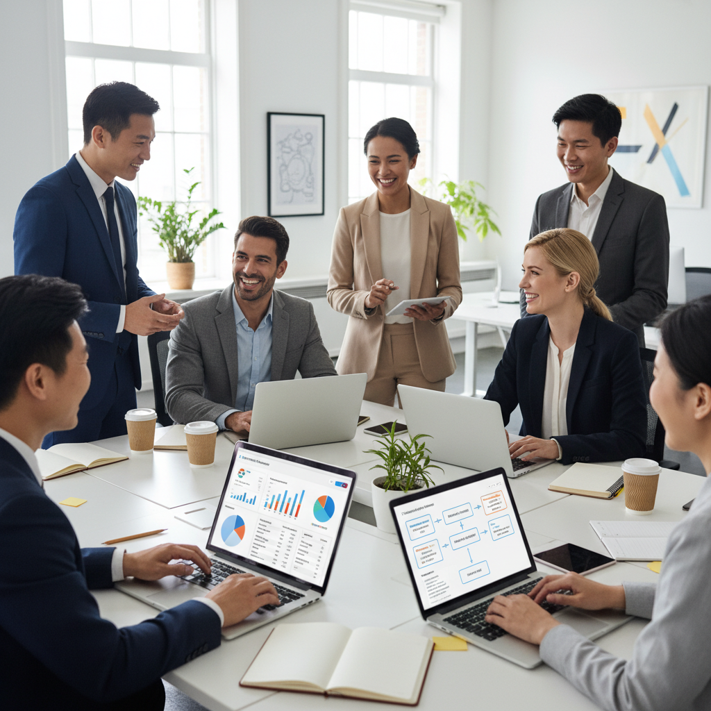 A diverse group of business professionals happily interacting with various CRM interfaces displayed on laptops and tablets, showing different features like sales dashboards, customer profiles, and marketing automation tools, in a modern, brightly lit office environment.