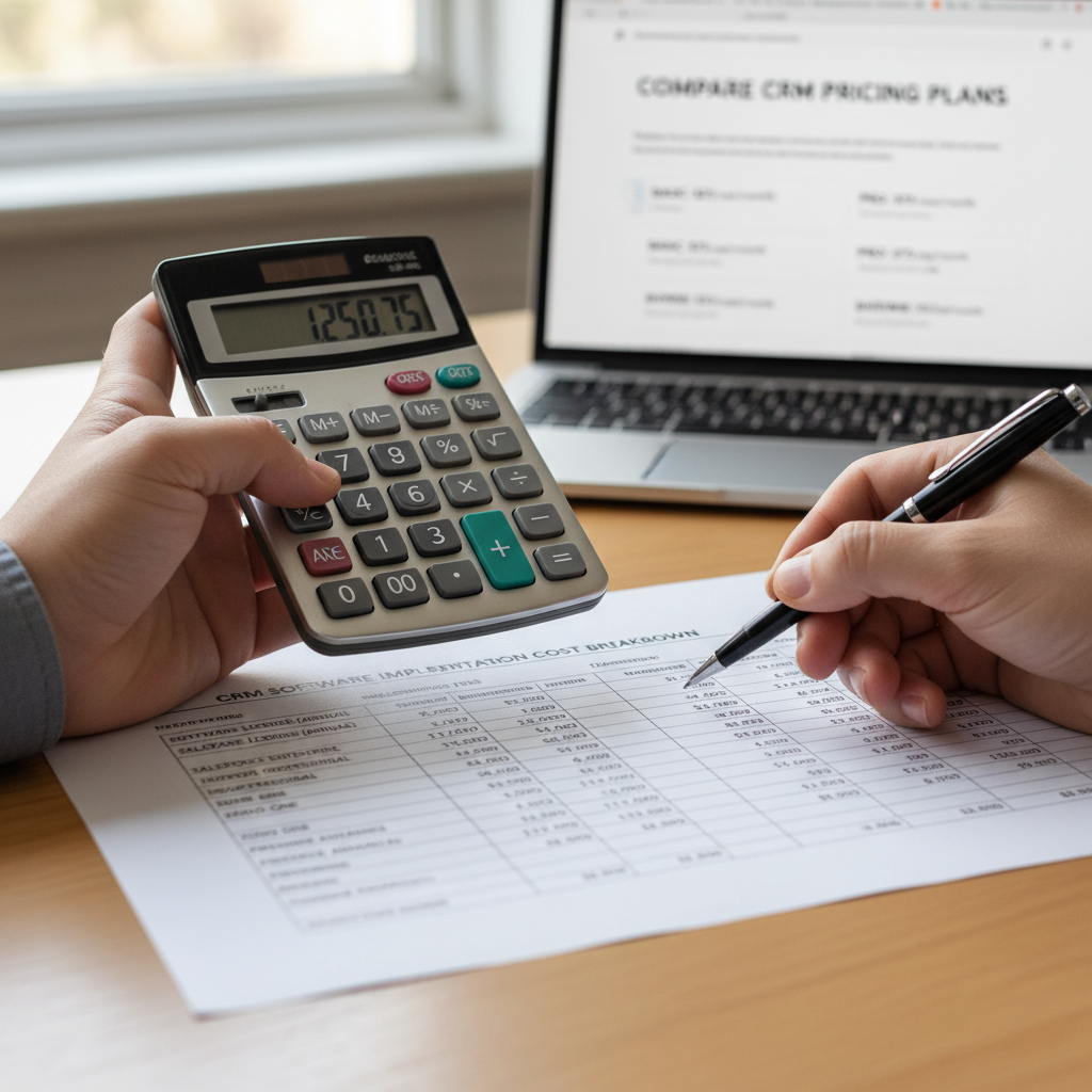 A close-up, photorealistic image of hands holding a calculator and a pen, resting on a financial spreadsheet showing CRM software cost breakdowns, with a laptop displaying a CRM pricing page in the background, set on a clean wooden desk.