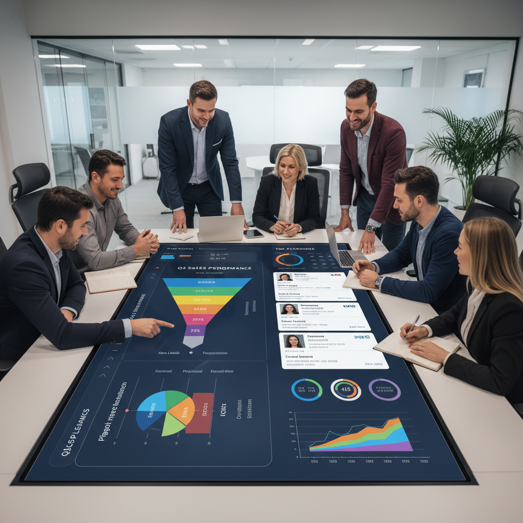A professional sales team collaborating around a large digital screen displaying a CRM dashboard with lead funnels and customer profiles, looking productive and organized. Photorealistic with clear data visualizations.