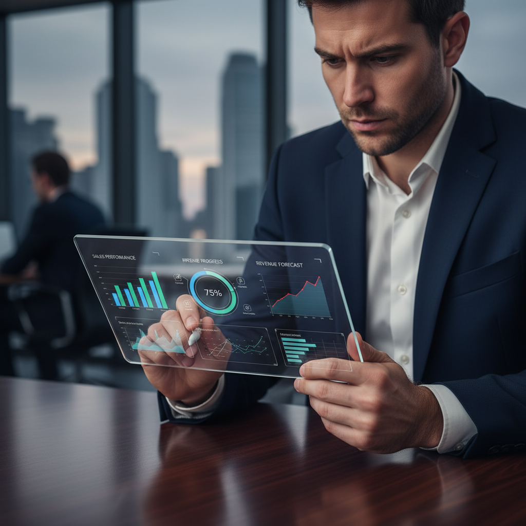 A business professional reviewing a detailed CRM analytics dashboard on a tablet, showing sales performance charts, pipeline progress, and revenue forecasts. The professional looks thoughtful and focused. Photorealistic with modern UI elements.