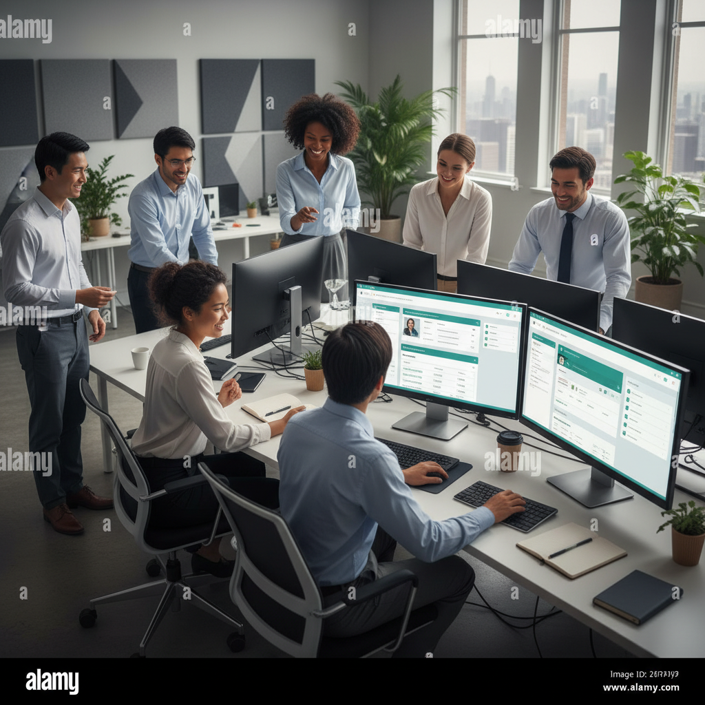 A diverse customer support team, smiling, working collaboratively in a modern office, each looking at their computer screens with clear, well-organized CRM dashboards visible. The atmosphere is calm and professional, with a focus on problem-solving.