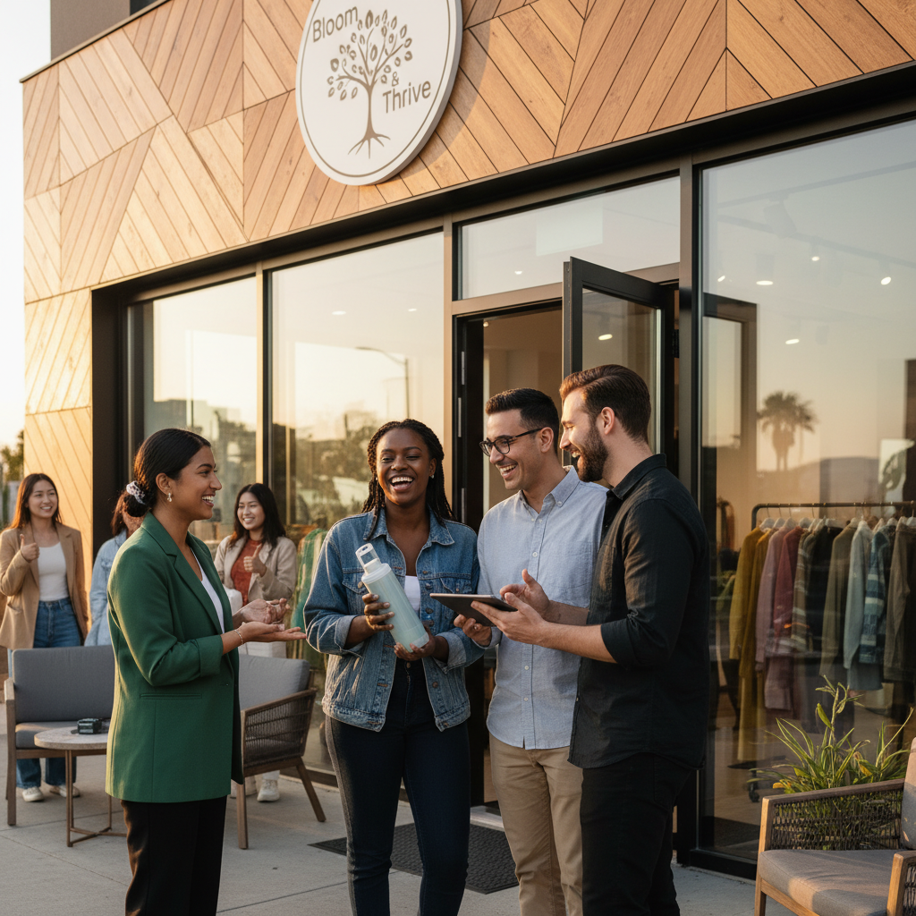 A diverse group of happy customers interacting positively with a brand representative at a beautifully designed, modern storefront. One customer is smiling, holding a product, while another is having an engaging conversation with the representative, showing excellent customer service and satisfaction.