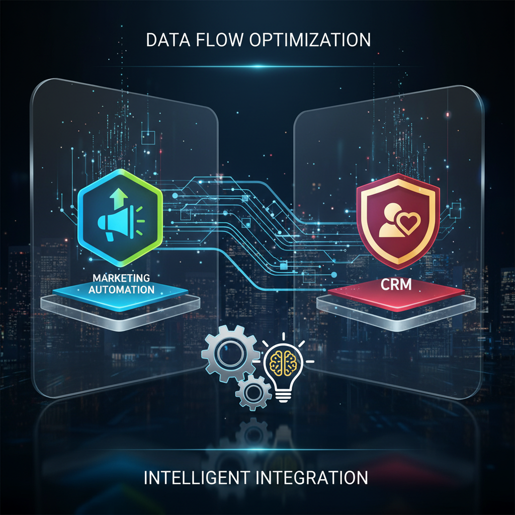A vibrant, futuristic infographic showing data flowing seamlessly between two distinct, interconnected digital platforms labeled 'Marketing Automation' and 'CRM', represented by sleek icons and lines, with small gears and a lightbulb symbolising intelligence and efficiency. Photorealistic, clean design.