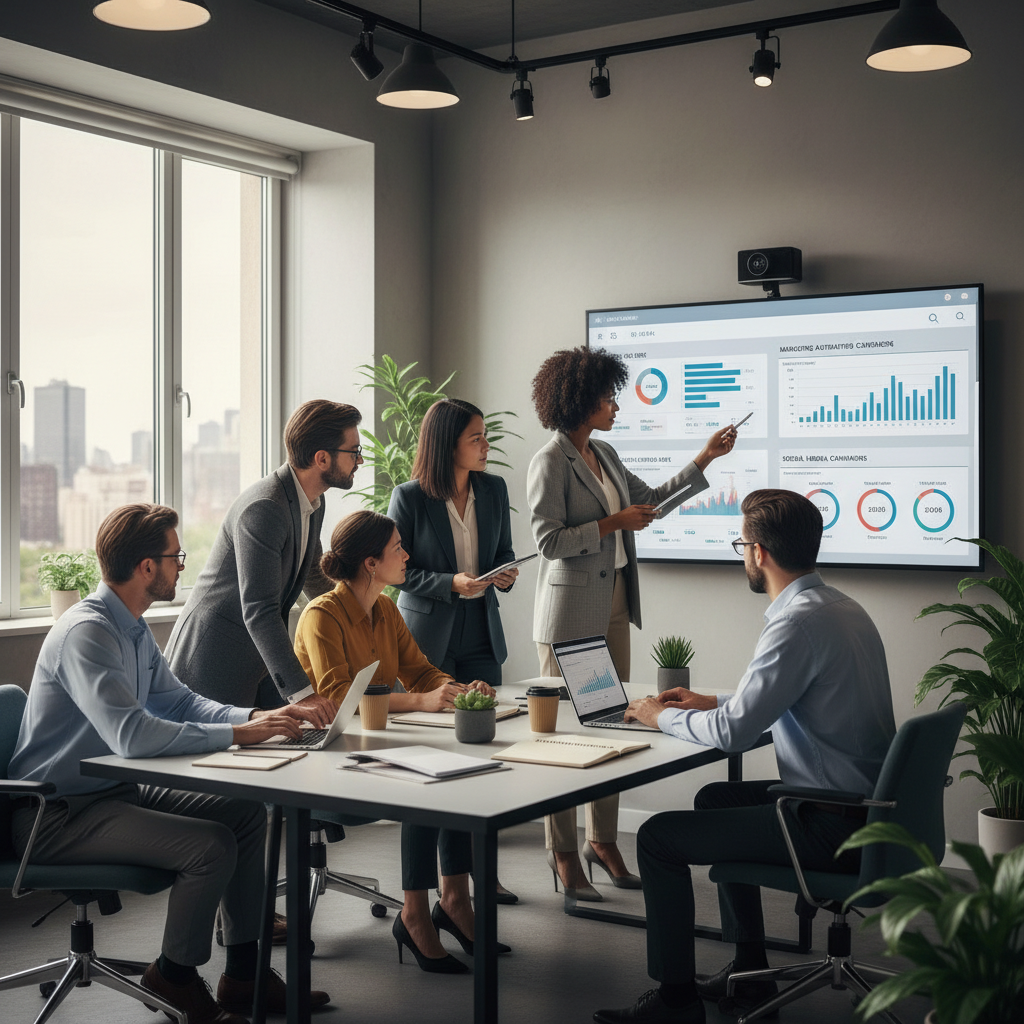 A diverse team of marketing and sales professionals collaborating harmoniously in a modern, brightly lit office. One person points at a large monitor displaying a dashboard with CRM data and marketing automation campaign performance metrics, while others are actively discussing strategies. The atmosphere is productive and innovative. Photorealistic, professional.