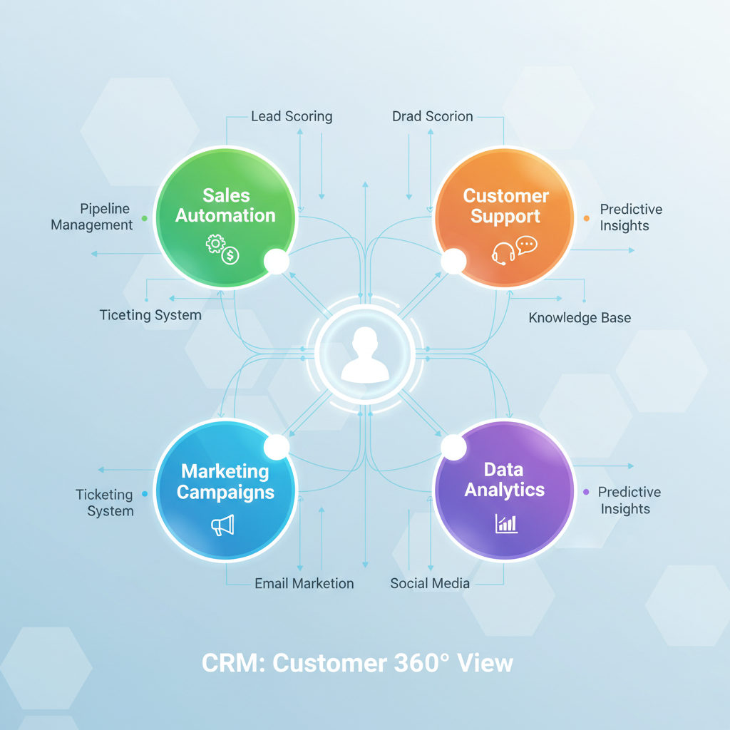 A vibrant, detailed infographic showing interconnected bubbles representing various CRM features like 'Sales Automation', 'Customer Support', 'Marketing Campaigns', and 'Data Analytics' converging towards a central 'Customer' icon. The style should be modern and clean, with a focus on data flow and customer journey.
