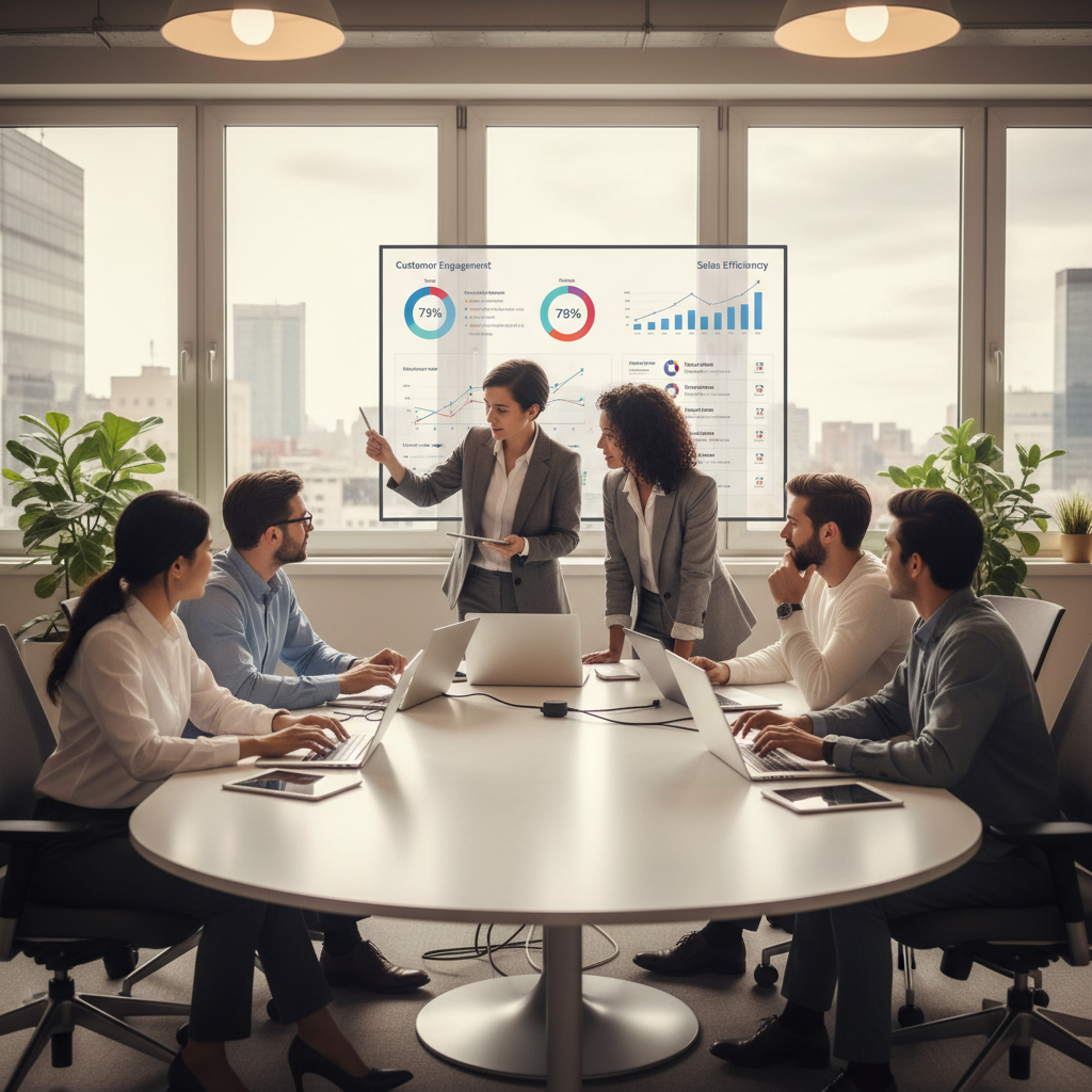 A diverse team of business professionals collaboratively working on laptops and tablets in a modern, brightly lit office. One person is pointing at a screen displaying a CRM dashboard with charts and customer data, showing engagement and efficiency. The scene should convey teamwork and technological integration.